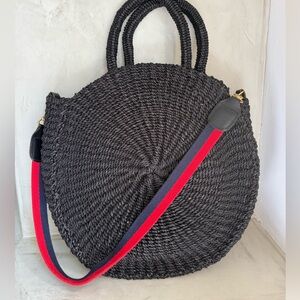 Clare V. Raffia Alice Circle Bag with Red and Blue Strap